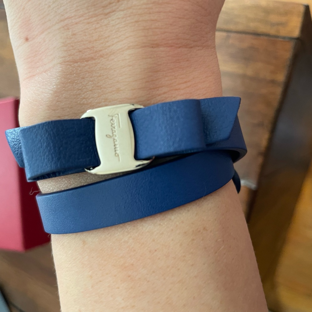 Salvatore Ferragamo Blue Leather Bow Wrap Bracelet!